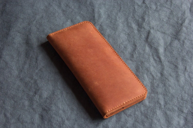 Tan long wallet Leather checkbook Slim card holder image 1