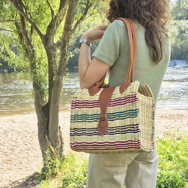 Reed Shoulder Bag With Leather Handle / Colorful Basket Bag / Beach Bag / Shopper Bag / Market Bag / Summer Bag / Grocery Bag / Farm Basket