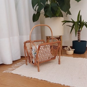 Magazine Holder / Newspaper Rack / Magazine Rack / Storage Basket / Book Basket Boho Decor / Wood Magazine Holder / Farmhouse Living Room