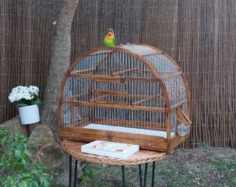 大きな楕円形の鳥かご フルハンドメイド / 茶色の素朴なケージ