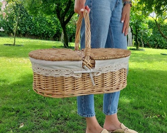 Cestino da picnic grande con coperchio / Cestino da picnic in vimini / Cestino da campeggio / Cestino da esterno / Cestino pasquale / Cestino da picnic vintage / Cestino da spiaggia