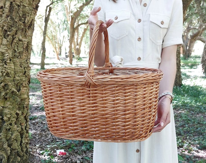 Large Oval Market Basket/ Wicker Basket / Boho Basket / Market Basket / Picnic Basket / Basket With Handle / Handmade Baskets / Beach Basket