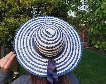 Straw Woman Hat Natural and Blue Straw / Summer Hat / Beach Straw Hat / Womens Hat / Spring Hat / Handmade Hat / Travel Hat / Gift For Her