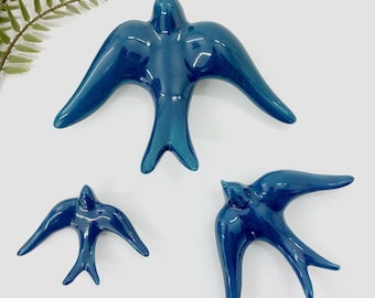 Glazed Petrol Blue Swallows / Bird Art / Ceramic Swallows / Ceramic Glazed Clay Swallow / Ceramic Wall Hanging / Entry Decor / Sympathy Gift