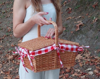 Panier pique-nique en osier / Panier pique-nique avec couvercle / Panier de camping / Panier d'extérieur / Panier de ferme / Panier pique-nique bohème / Cadeau pour petite amie