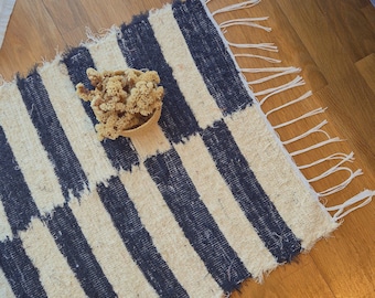 Mini Cream Rug With Black Rectangles 50x80cm/ Cotton Rug / Unique Rug / Bathroom Rug / Bath Mat / Shower Mat / Washable Rug / Decorative Rug