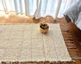Small Cream Rug With Pink Line Squares / Cotton Rug / Rag Rug / Soft Rug / Bath Rug / Bath Mat / Bedside Rug / Washable Rug / Hallway Rug