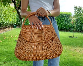 Large Wicker Basket Bag With Two Lids / Market Basket / Vintage Basket Bag / Summer Bag / Basket Purse / Bohemian Bag / Wicker Handbag