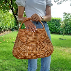 Large Wicker Basket Bag With Two Lids / Market Basket / Vintage Basket Bag / Summer Bag / Basket Purse / Bohemian Bag / Wicker Handbag