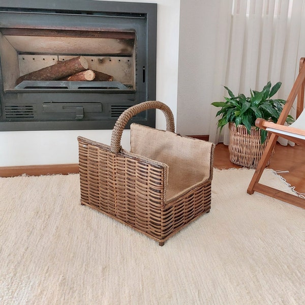 Firewood Basket With Handle / Wicker Basket / Wood Storage / Farmhouse Basket / Rustic Basket / Fireplace Decor / Firewood Storage