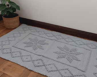 Alfombra gris pequeña / alfombra de algodón / alfombra de cocina / alfombra de lavandería / alfombra de baño / alfombra de dormitorio / alfombra hecha a mano / alfombra geométrica / alfombra vintage / alfombra de trapo