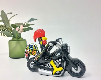 Black Weekend Motorcycle With Rooster / Weekend Motorcycle / Portuguese Rooster / Ceramic Hand Painted / Rooster Decor / Motorcycle Style