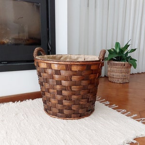 Cesta redonda para leña / Cesta grande / Cesta para chimenea / Cesta de tiras de madera / Cesta tejida / Cesta bohemia / Cesta de alambre / Regalo para él