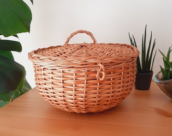 Caixa de pão redonda de vime / Cesta de vime com tampa / Cesta de armazenamento / Cesta de fazenda / Decoração de cozinha / Cesta feita à mão / Cesta vintage