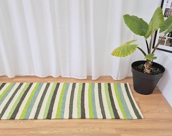 Long Runner Rug Cream and Green 300cm / Cotton Rug / Rug For Kitchen / Rug Runner / Floor Mat / Rustic Rug / Washable Rug / Striped Rug