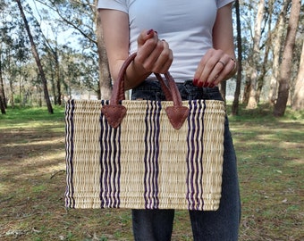 Natural And Purple Reed Handbag / Straw Bag / Straw Tote Bag / Market Basket / Beach Tote Bag / Bohemian Bag / Summer Bag / Straw Beach Bag