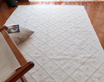 Grand tapis blanc 200x150 / Tapis de chambre d’enfant / Tapis en coton / Tapis de salon / Tapis de zone / Tapis lavable / Tapis géométrique / Tapis de chambre à coucher / Tapis de lit Queen