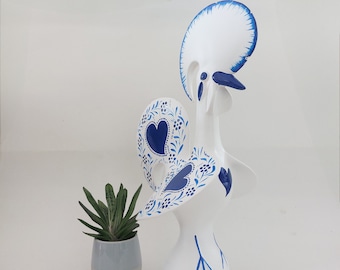 Extra Large White and Blue Rooster / Ceramic Rooster / Rooster Decor / Farmhouse Rooster / Rooster Figurine / Farmhouse Decor / Cute Gift