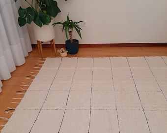 Large Cream Rug With Black Line Squares 150x200cm / Recycled Materials Rug / Modern Area Rug / Carpet Rug / Boho Rug / Sustainable Decor