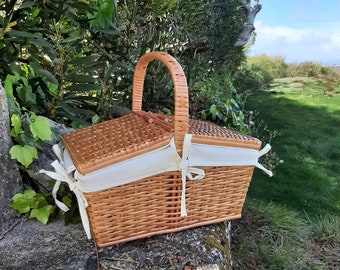 Cesta de picnic con tapa / Cesta de picnic de mimbre / Cesta de camping / Cesta al aire libre / Cesta de granja / Cesta vintage / Cesta de playa