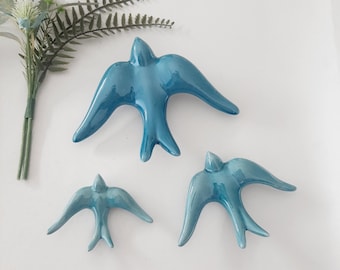 Glazed Teal Blue Swallows / Bird Figurine / Bird Art / Ceramic Swallows / Vintage Birds / Handmade Ceramics / Ceramic Wall Decor / Wall Art