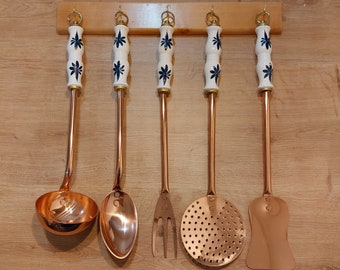 Copper Kitchen Utensil Set Of 5 With Holder / Porcelain Handle / Kitchen Utensils / Vintage Copper / Handmade Copper / Copper Lovers