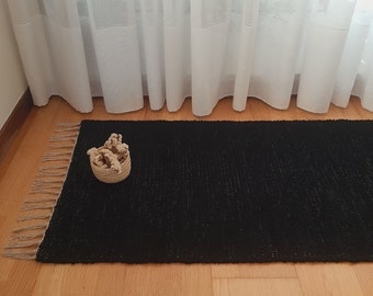 Tapis noir moyen / tapis fait main / tapis de salon / tapis en coton / tapis de cuisine / tapis de sol / tapis à linge / tapis bohème / tapis pour porte d'entrée