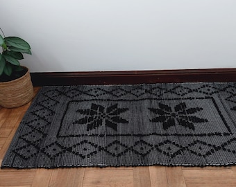 Small Black Rug / Handwoven Rug / Cotton Rug / Entry Rug / Bathroom Rug / Front Door Rug / Washable Rug / Kitchen Mat / Geometric Rug