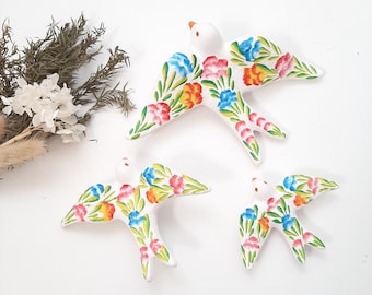 White Swallows with Hand Painted Flowers/ Colorful Swallows / Ceramic Bird / Ceramic Bird Figurines / Ceramic Bird Wall Decor / Gift For Mom