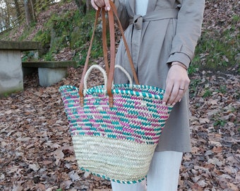 Colorful Bag / Straw Bag / French Market Basket / Straw Tote Bag / Straw And Leather Bag / Straw Shoulder Bag / Beach Bag / Large Tote Bag