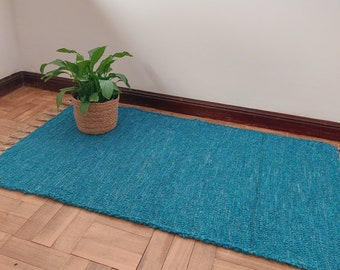 Small Teal Blue Rug / Handwoven Rug / Eco Friendly Rug / Bathroom Rug / Door Mat Rug / Washable Rug / Kitchen Mat / Scandinavian Rug