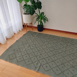 Large Knotted Green Rug 150x200cm  / Recycled Rug / Cotton Rug / Rugs for Living Room / Area Rugs / Rag Rug / Vintage Rug / Farmhouse Decor