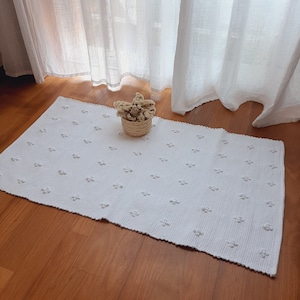 Kleiner Weißer Teppich / Badteppich / Baumwollteppich / Küchenteppich / Recycelter Teppich / Waschbarer Teppich / Handgewebter Teppich / Einweihungsgeschenk / Eingangsteppich