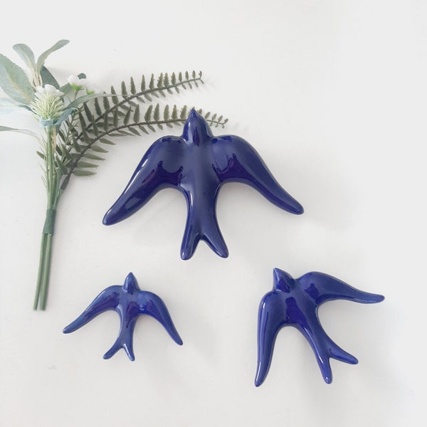 Glazed Dark Blue Swallows / Bird Art / Ceramic Swallows / Ceramic Glazed Clay Swallows / Ceramic Wall Hanging / Entry Decor / Sympathy Gift