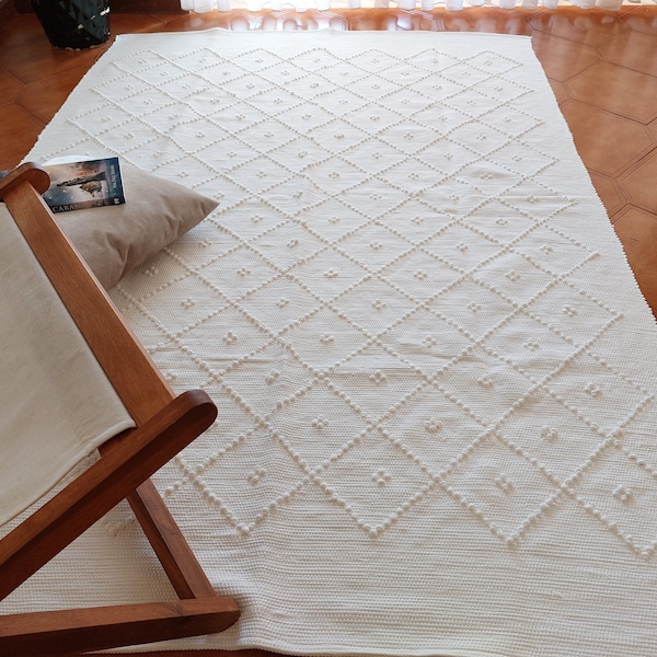 Grand tapis blanc 200x150 / Tapis de chambre d’enfant / Tapis en coton / Tapis de salon / Tapis de zone / Tapis lavable / Tapis géométrique / Tapis de chambre à coucher / Tapis de lit Queen