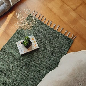 May include: A green woven rug with fringe edges, a small potted plant, and a white book with colorful illustrations. The rug is on a wooden floor.
