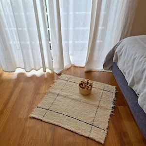 Mini Cream Rug With Black Lines 50x50cm / Without Tassels / Woven Rug / Modern Rug / Bathroom Rug / Bath Mat / Boho Rug / Cute Rug