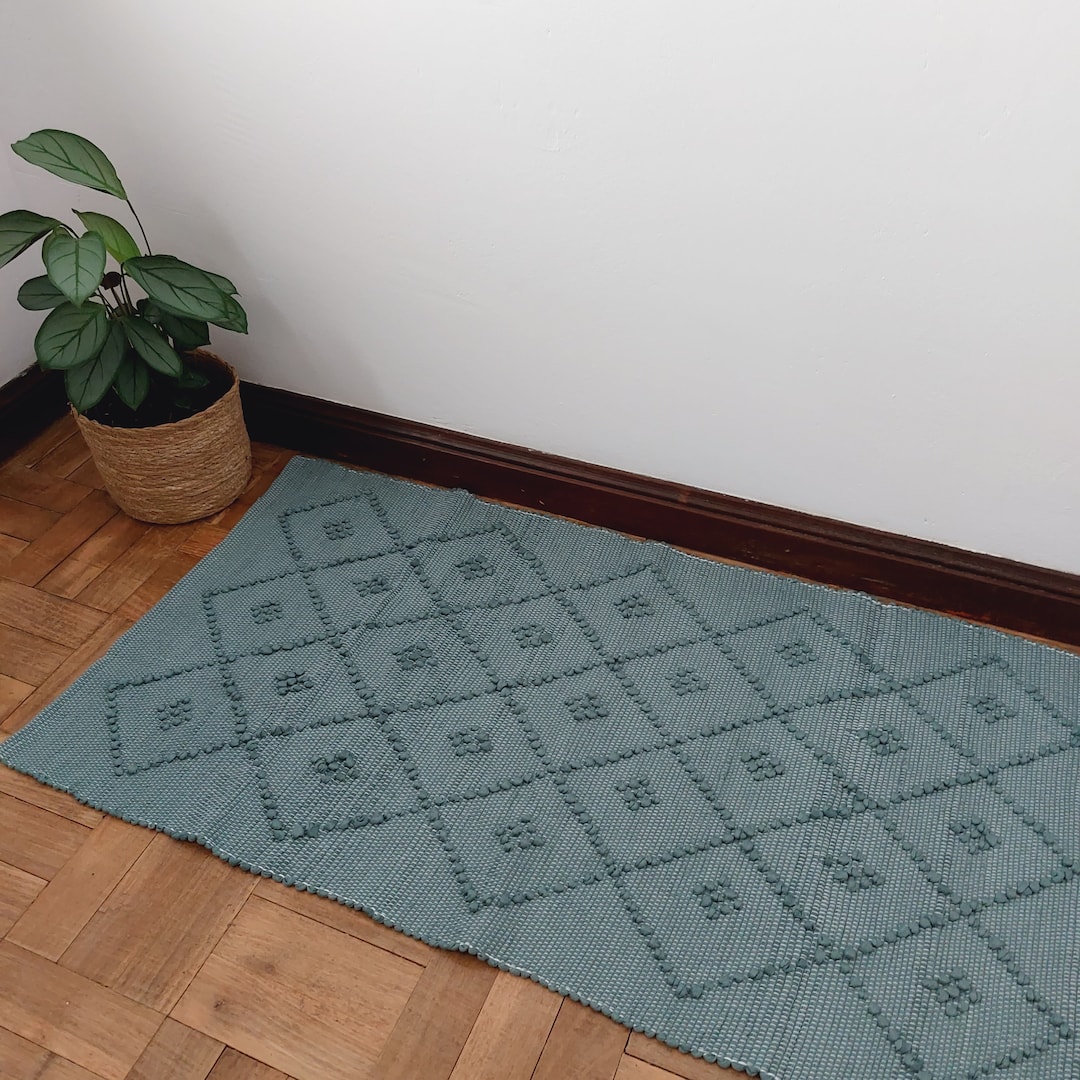 Small Teal Blue Rug / Bath Rug / Cotton Rug / Kitchen Rug / Recycled