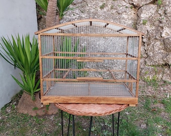 Large Bird Cage Old Brown / Handmade Cage / Canary Cage / Bird House / Parakeet Cage / Unique Bird Cage / Wood Bird Cage / Outdoor Cage