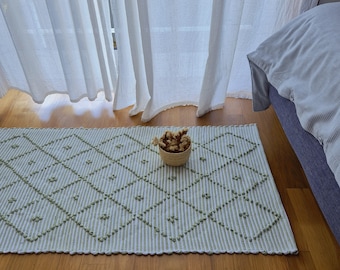 Small Sage Green and White Striped Rug 50x100cm / Cotton Rug / Bath Rug / Bath Mat / Bedside Rug / Kitchen Rug / Washable Rug / Hallway Rug