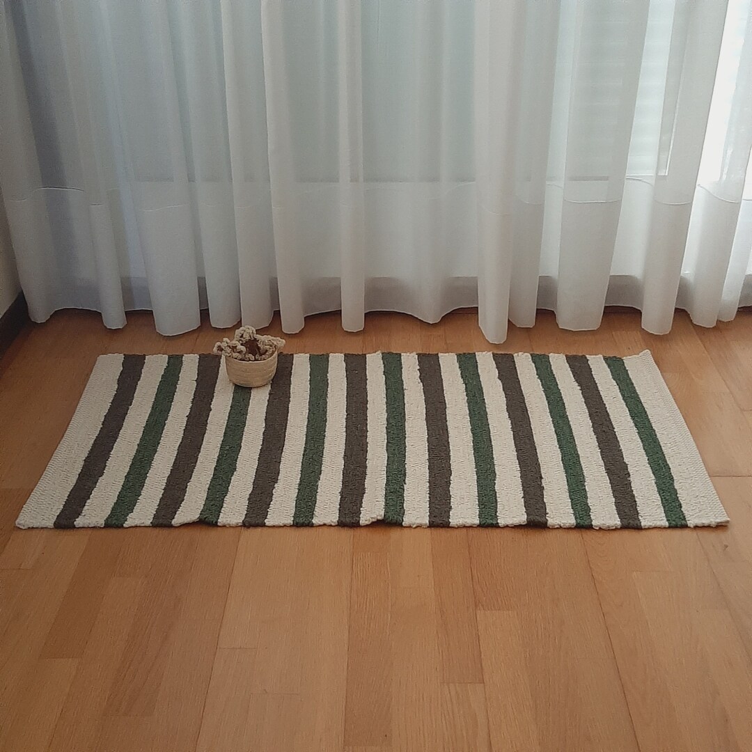 Small Green Cream Rug / Handwoven Rug / Super Soft Rug / Striped Rug / Bathroom Rug / Bath Mat
