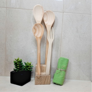 Set of 4 Kitchen Utensil Set Wooden With Wood Holder / Cooking Various Kitchenware Set / Wooden Spoon / Wood Fork