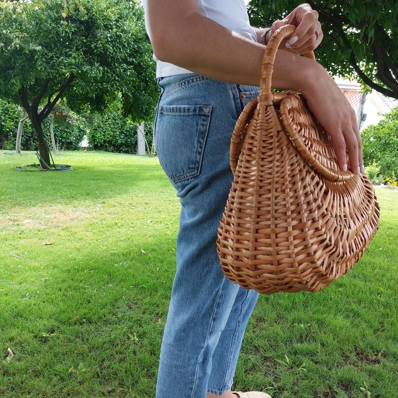 Large Wicker Basket Bag With Two Lids / Market Basket / Vintage Basket Bag / Summer Bag / Basket Purse / Bohemian Bag / Wicker Handbag zdjęcie 6