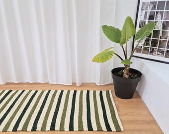 Medium Cream Green Rug 70x140cm / Bedside Rug / Washable Rug / Rustic Rug / Bathroom Rug / Living Room Rug / Kitchen Rug / Colorful Rug