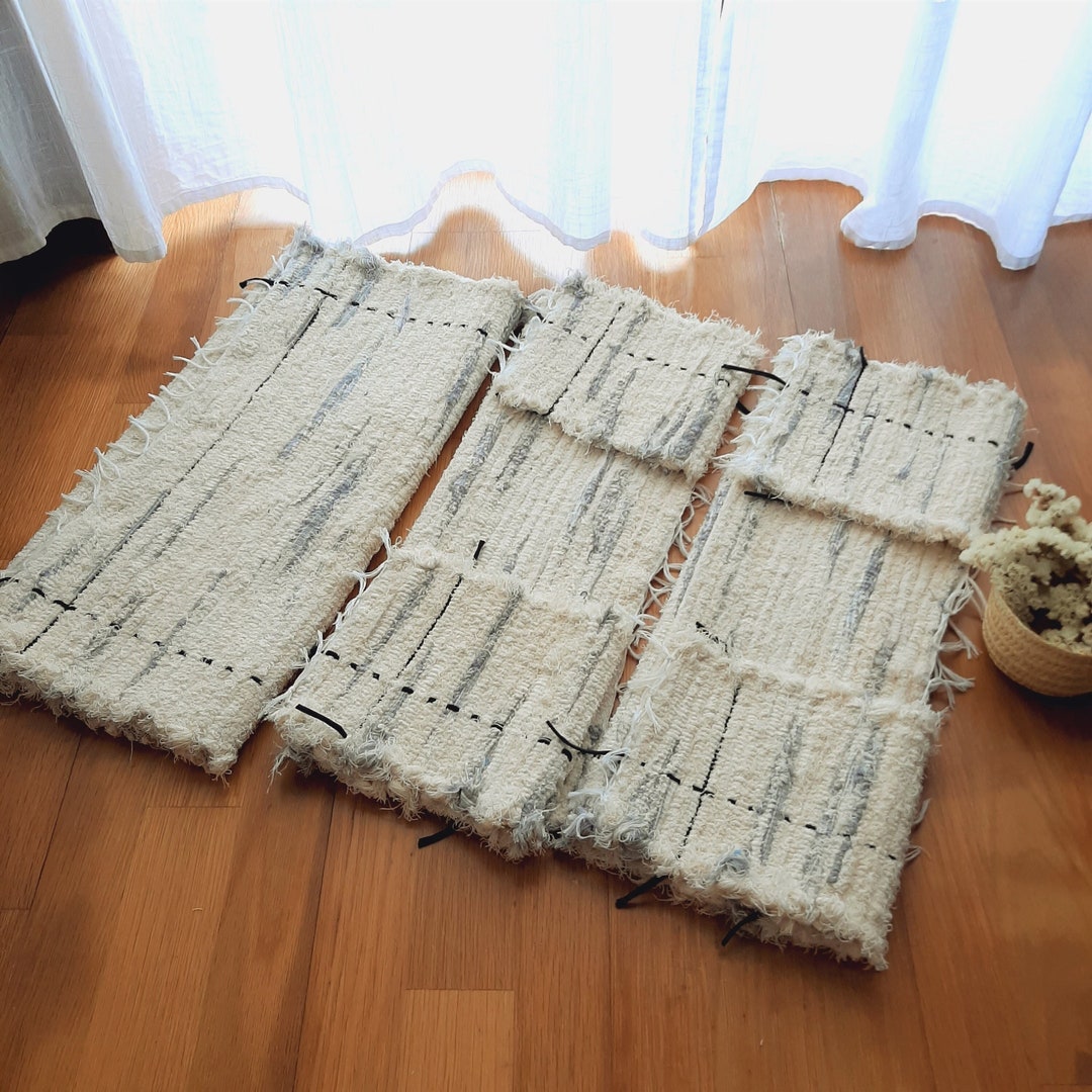 Set of 3 Bathroom Rugs / Cream and Grey Rugs / Handmade Rug / Cotton