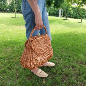 Large Wicker Basket Bag With Two Lids / Market Basket / Vintage Basket Bag / Summer Bag / Basket Purse / Bohemian Bag / Wicker Handbag zdjęcie 4