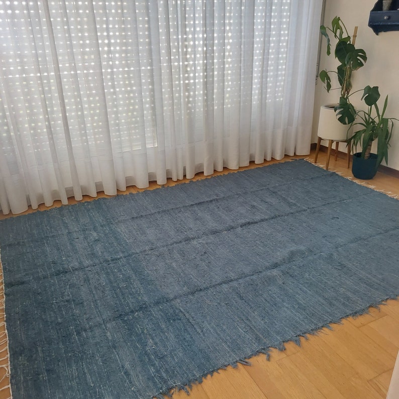 Extra Large Petrol Blue Rug 300x200cm / Unique Rug / Cotton Area Rug
