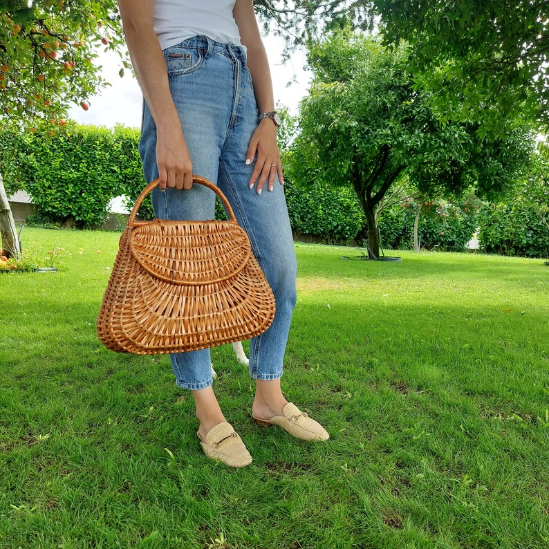 Large Wicker Basket Bag With Two Lids / Market Basket / Vintage Basket Bag / Summer Bag / Basket Purse / Bohemian Bag / Wicker Handbag zdjęcie 2