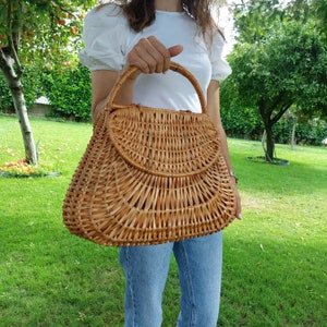 Large Wicker Basket Bag With Two Lids / Market Basket / Vintage Basket Bag / Summer Bag / Basket Purse / Bohemian Bag / Wicker Handbag zdjęcie 7