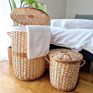 Round Woven Storage Basket With Lid / Laundry Wicker Basket / Storage Basket / Organizer Basket / Wicker Basket / New Home Basket